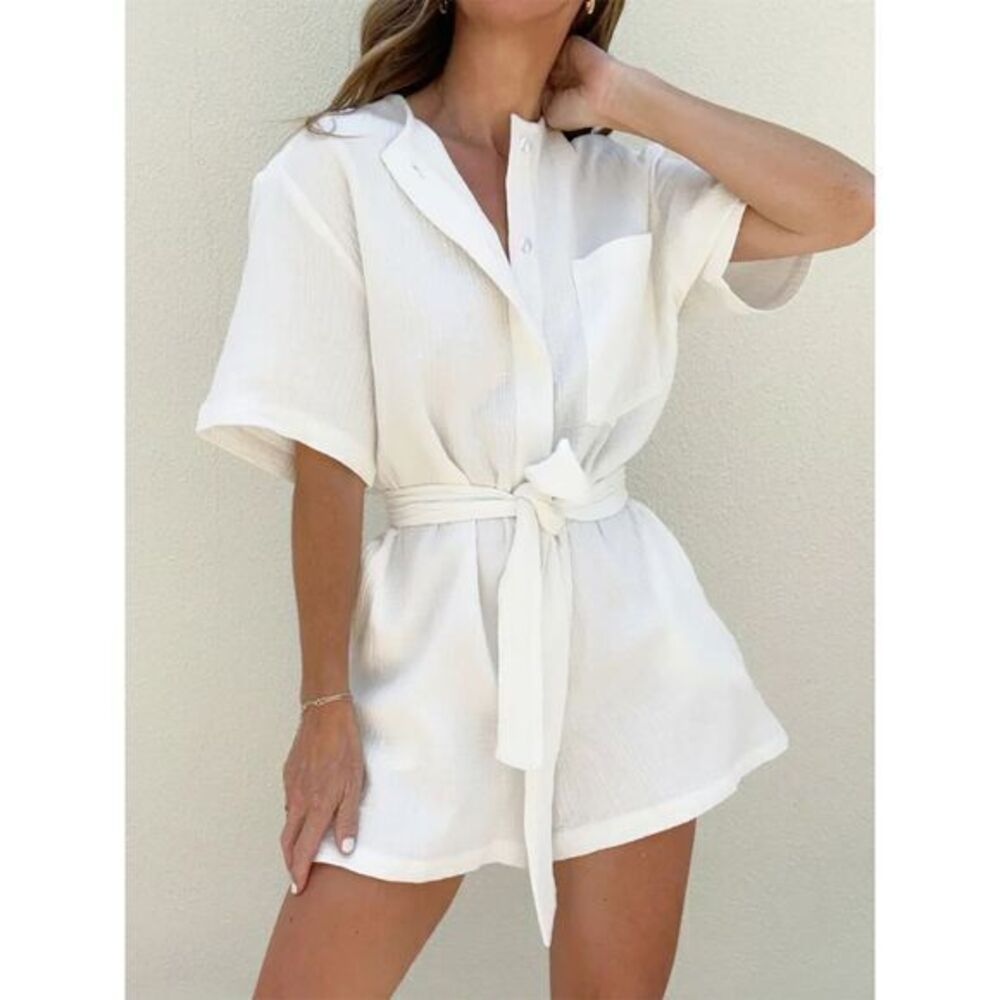 Commense White Short‎ Sleeve Romper with Belt Summer Casual Size S